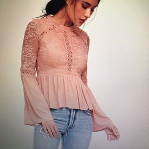 Lulus Blush Pink Lace Bell Sleeve Peplum Top